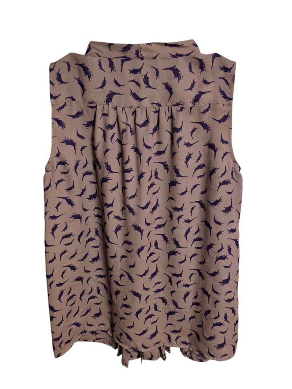 Loft Women’s Brown Sleeveless Button Up Purple Feather Pattern Tie Neck BlouseXS - Picture 2 of 12